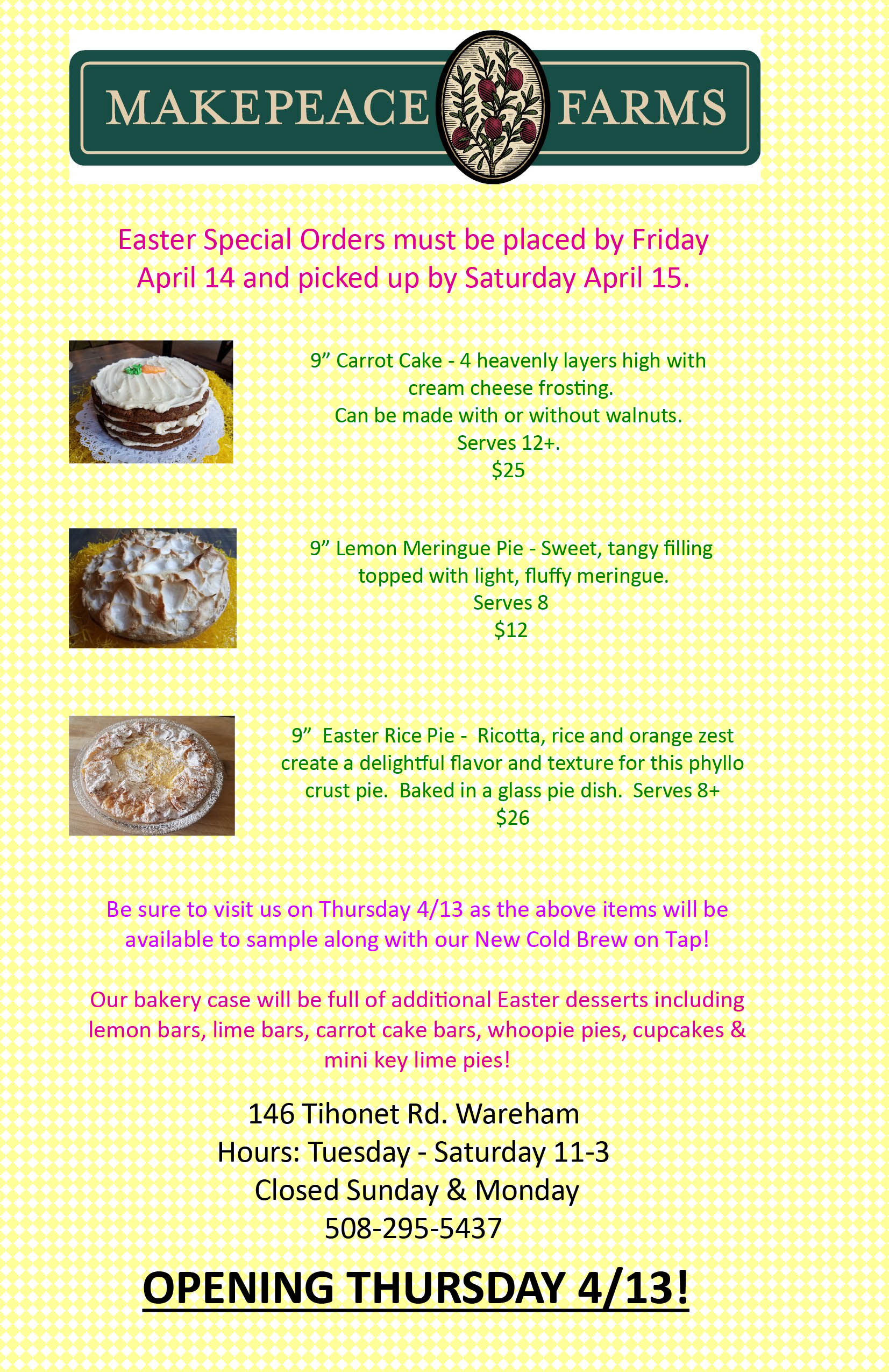 Easter Menu Makepeace Farms